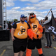 Overwatch League fans Kyle Branson and Rob Flanagan at the Overwatch League Grand Finals fan event. (Not the real Gritty.)